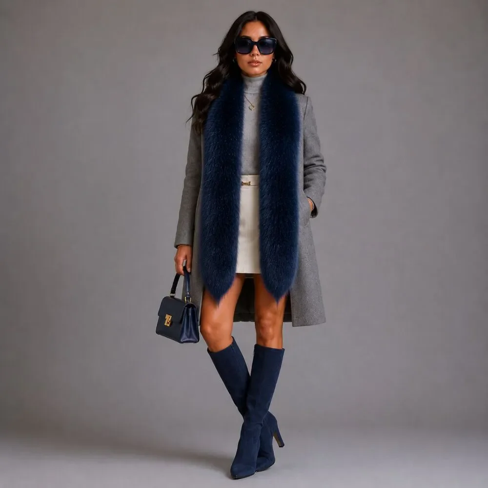 bebe Plush Faux Fur Sodalite Blue scarf lapel ZS-FS3791 LN